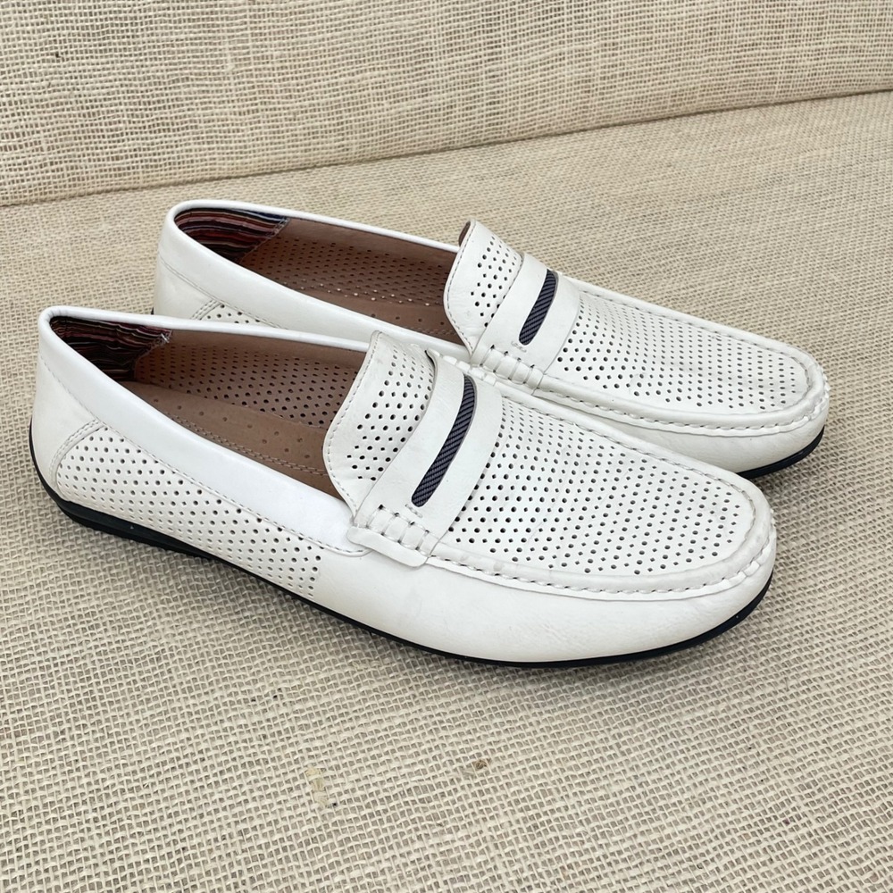 Stacy Adams Mens White Perforated Penny Loafers Driving Mocs 11 M 25513-100